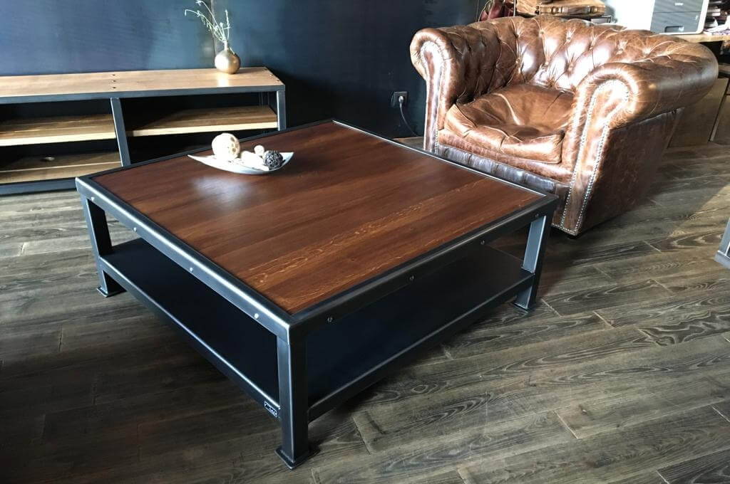 Grande table basse industrielle carrée 110 x 110 cm en bois et métal - CIMEN - 93631