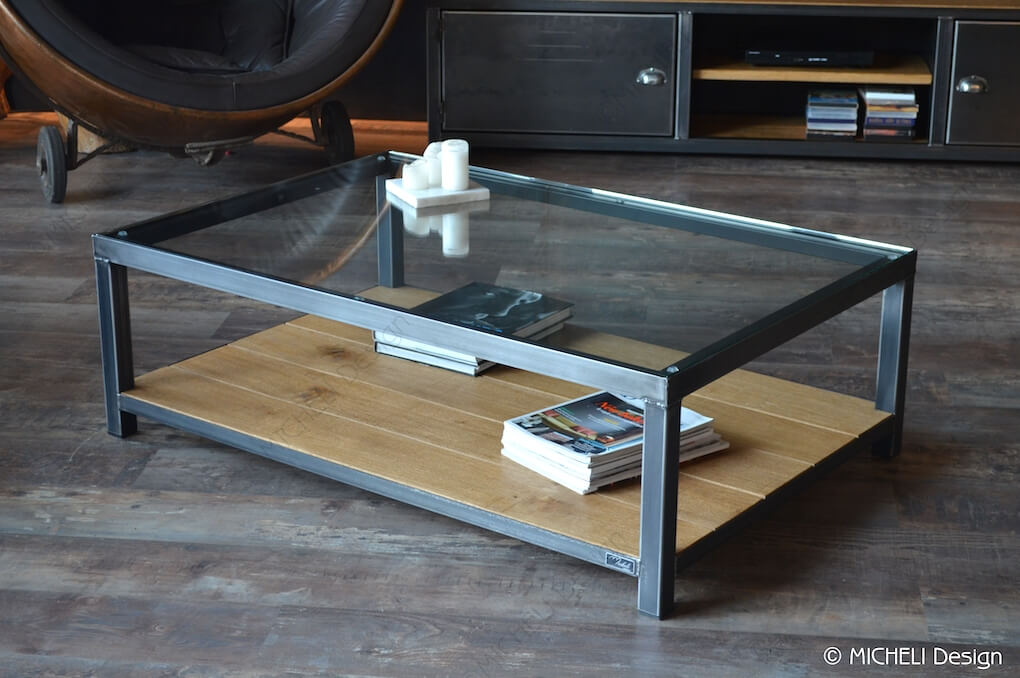 Table basse rectangle verre bois et métal sur-mesure - TIRÉSIAS - 693265