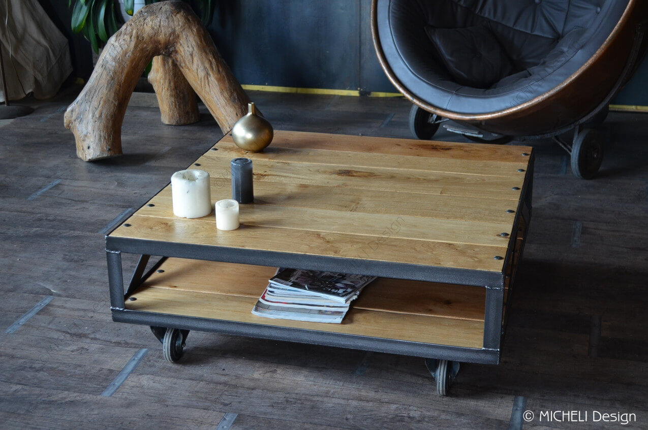Table basse carrée industrielle bois métal - RACHELINA - 228180