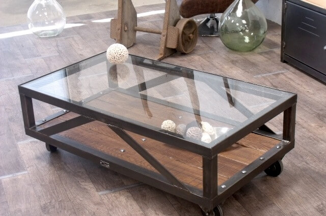 Table industrielle verre bois métal - Illithye