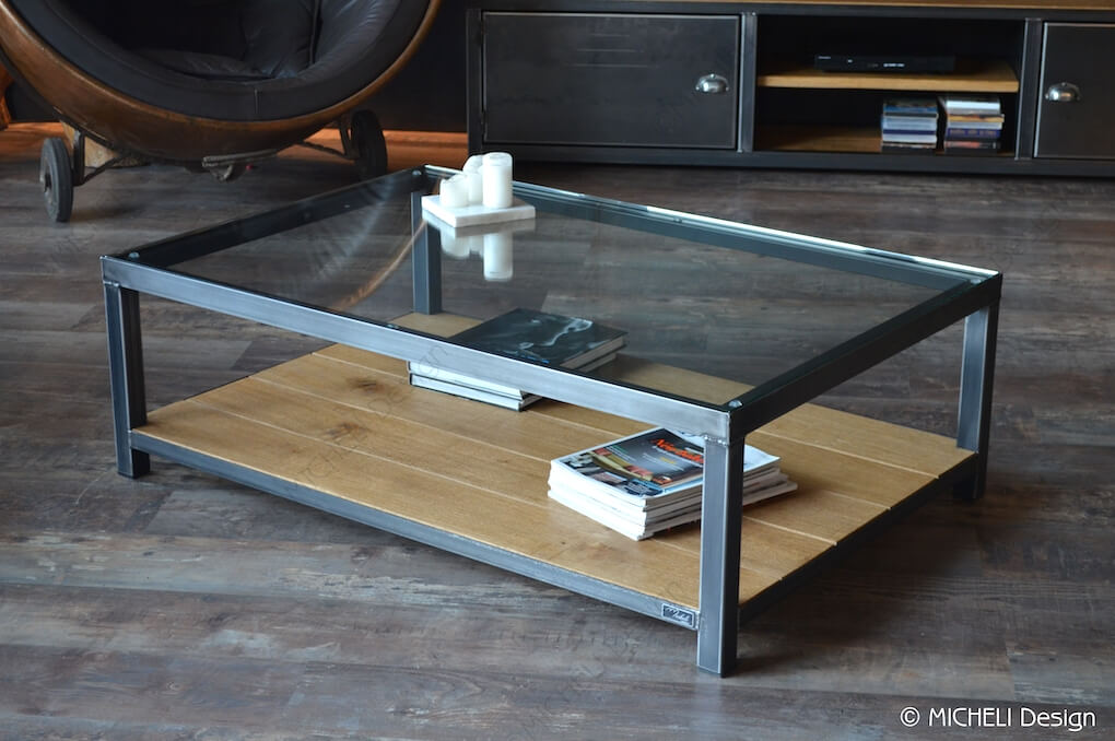 Table basse rectangle verre bois et métal sur-mesure - TIRÉSIAS