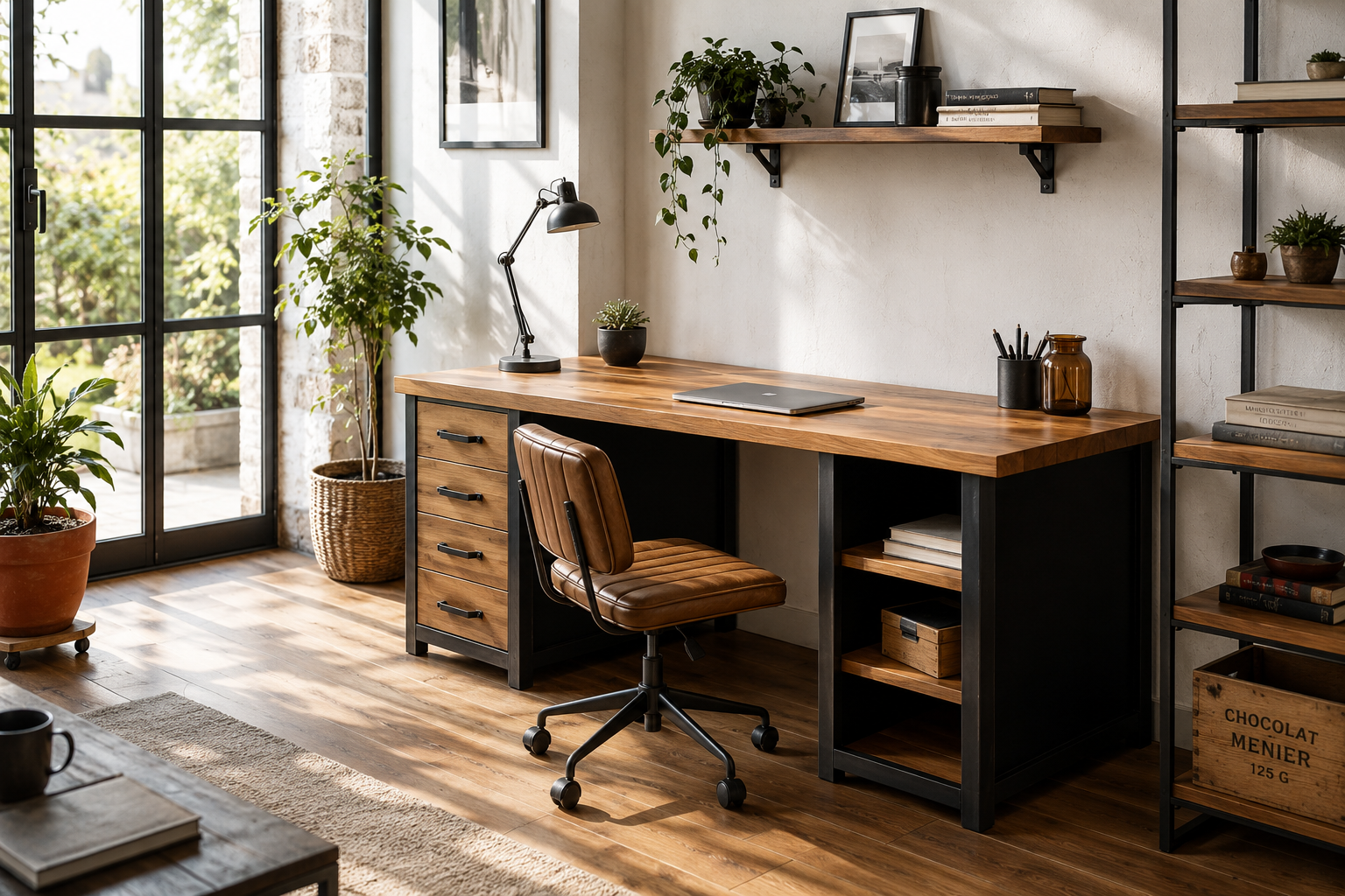 Bureau industriel sur mesure HEPSÉRIS en chêne massif et acier dans un intérieur lumineux, fabriqué artisanalement par Micheli Design.